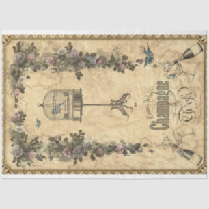 Antique Champagne Ad Bids & Florals Decoupage Tissue Paper