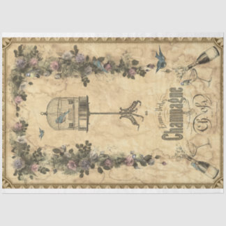 Antique Champagne Ad Bids & Florals Decoupage Tissue Paper