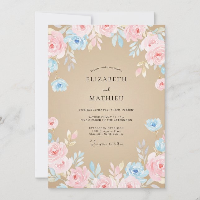 Antique Champagne Azure Peony Wedding Invitation (Front)