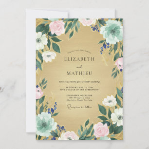 Antique Champagne Mint Leafy Wedding Invitation