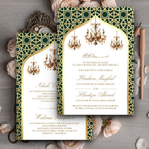 Antique Chandelier Emerald Gold Muslim Wedding Invitation
