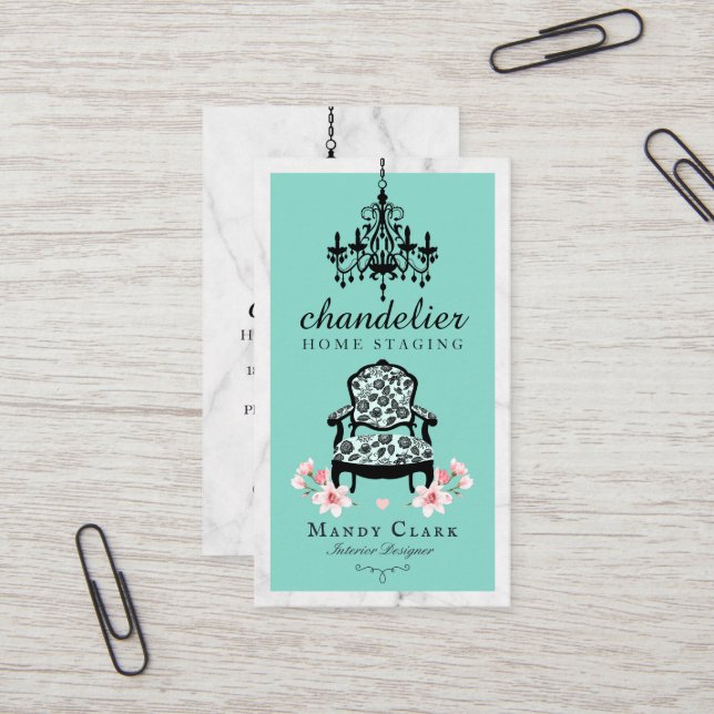 Antique Chandelier & Floral Victorian Chair Marble Business Card (Front/Back In Situ)