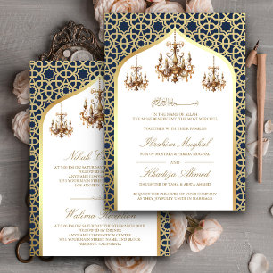 Antique Chandelier Navy Blue Gold Muslim Wedding Invitation
