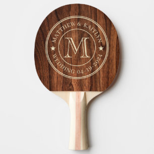 Antique Cherry Wood Wedding Monogram Star Ping Pong Paddle