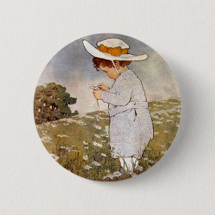 Antique Child Picking Daisies Flowers 6 Cm Round Badge