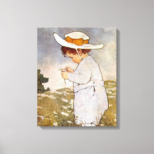 Antique Child Picking Daisies Flowers Canvas Print