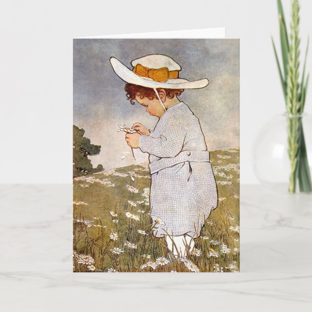 Antique Child Picking Daisies Flowers Card (Front)