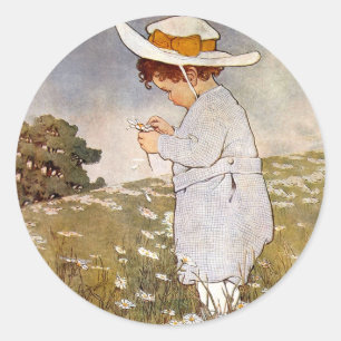 Antique Child Picking Daisies Flowers Classic Round Sticker