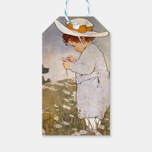 Antique Child Picking Daisies Flowers Gift Tags