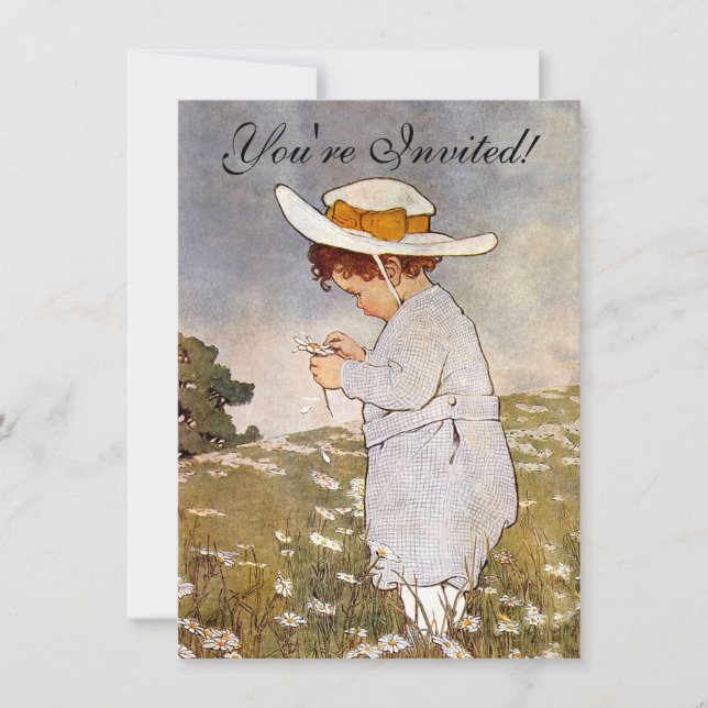 Antique Child Picking Daisies Flowers Invitation (Front)