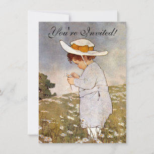 Antique Child Picking Daisies Flowers Invitation
