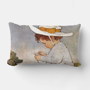Antique Child Picking Daisies Flowers Lumbar Cushion