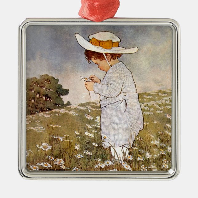 Antique Child Picking Daisies Flowers Metal Tree Decoration (Front)