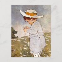 Antique Child Picking Daisies Flowers