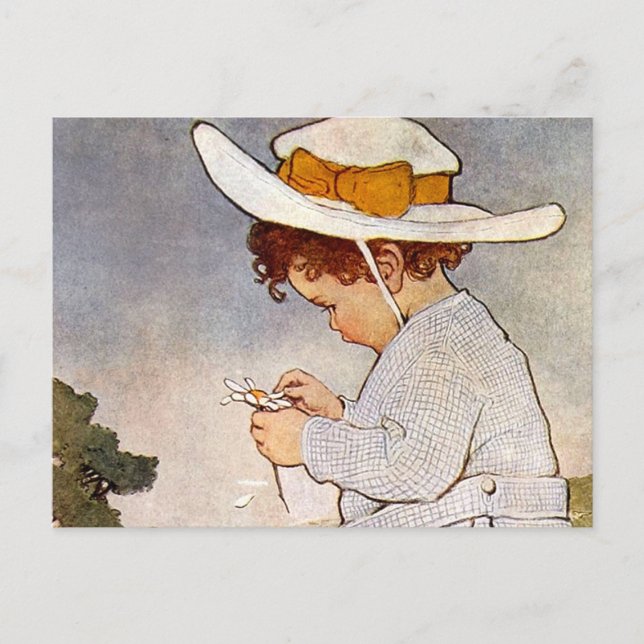 Antique Child Picking Daisies Flowers Postcard (Front)
