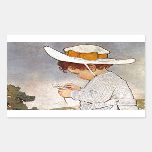 Antique Child Picking Daisies Flowers Rectangular Sticker
