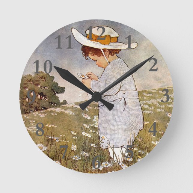 Antique Child Picking Daisies Flowers Round Clock (Front)