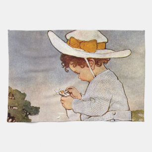 Antique Child Picking Daisies Flowers Tea Towel