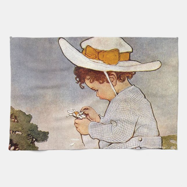 Antique Child Picking Daisies Flowers Tea Towel (Horizontal)