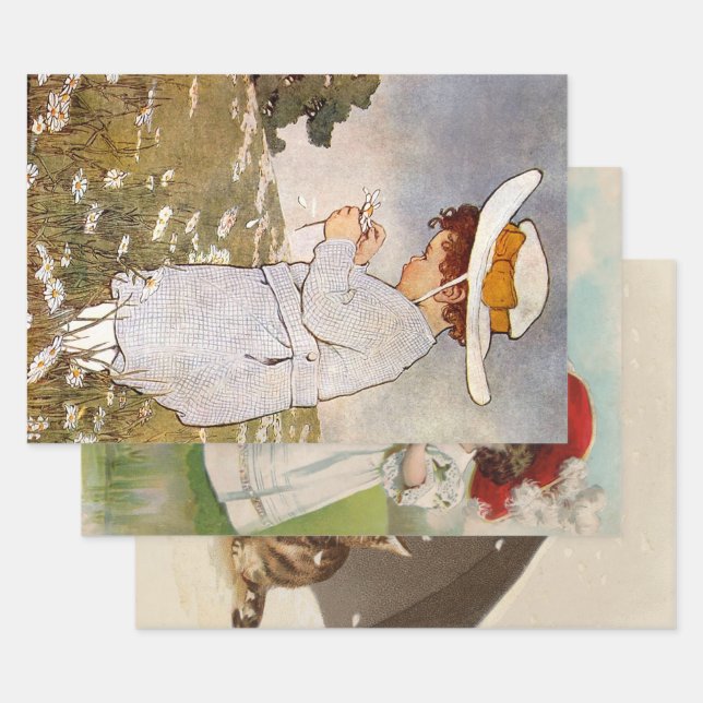 Antique Child Picking Daisies Flowers Wrapping Paper Sheet (Set)