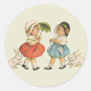 Antique Children Rabbit Easter Art Classic Round Sticker