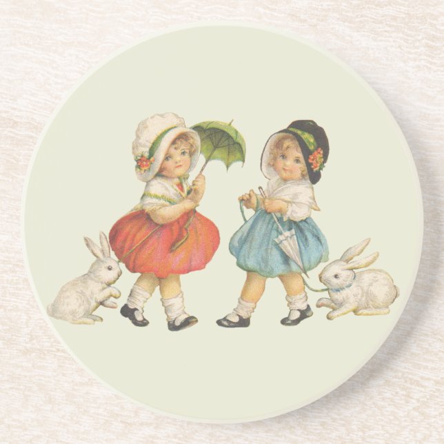 Antique Children Rabbit Easter Art Coaster (Front)
