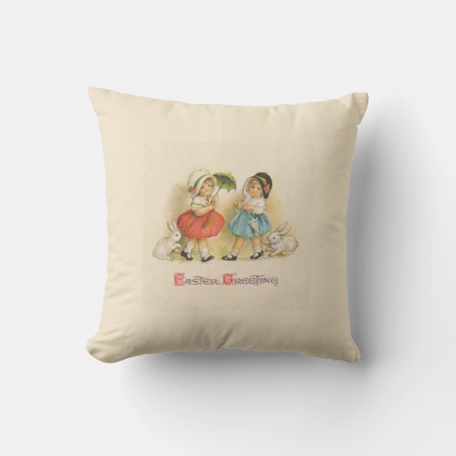 Antique Children Rabbit Easter Art Cushion (Front)