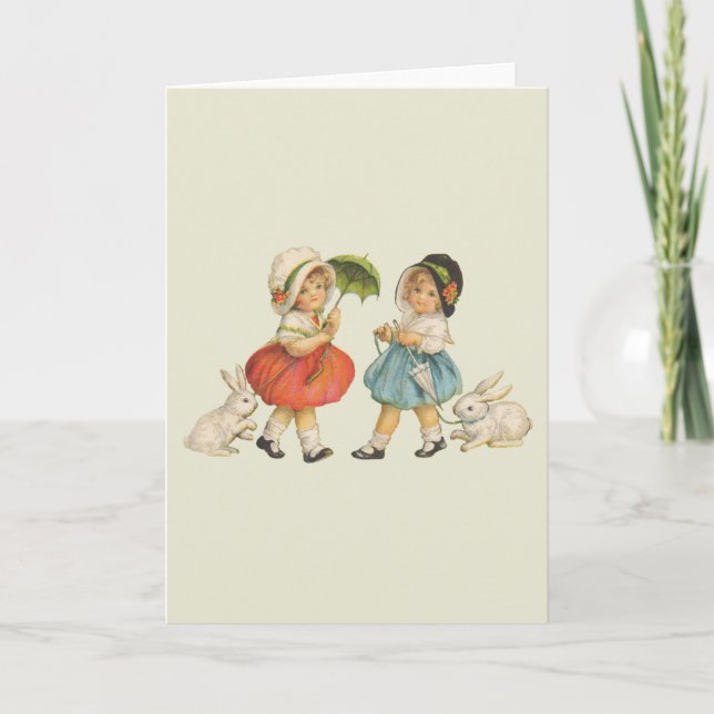 Antique Children Rabbit Easter Art Holiday Card (Front)