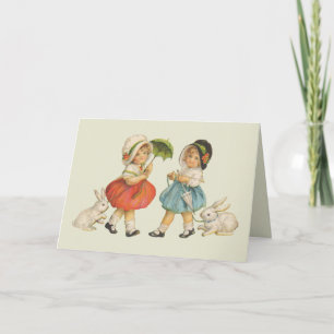 Antique Children Rabbit Easter Art Holiday Card
