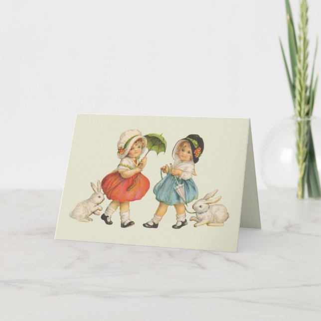 Antique Children Rabbit Easter Art Holiday Card (Front)