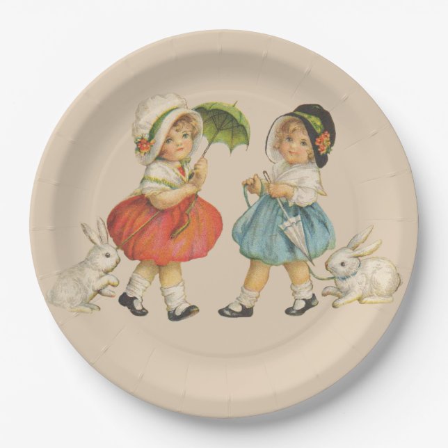 Antique Children Rabbit Easter Art Paper Plate (Front)