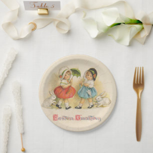 Antique Children Rabbit Easter Art Paper Plate