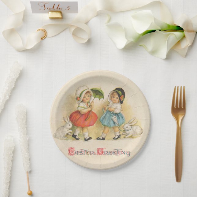 Antique Children Rabbit Easter Art Paper Plate (Wedding)