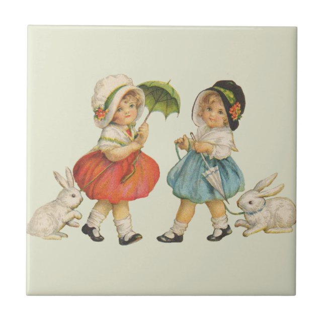 Antique Children Rabbit Easter Art Tile (Front)