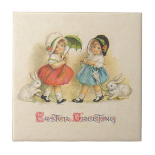 Antique Children Rabbit Easter Art Tile