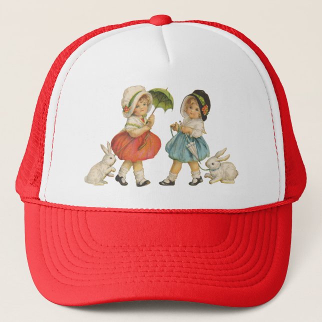 Antique Children Rabbit Easter Art Trucker Hat (Front)