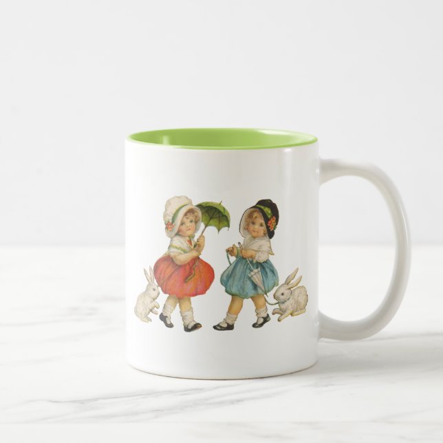 Antique Children Rabbit Easter Art Two-Tone Coffee Mug (Right)