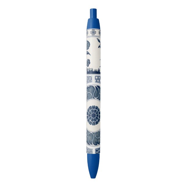 Antique Chinese Blue White Porcelain Pattern Black Ink Pen (Front Vertical)