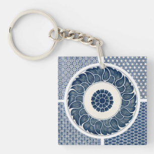 Antique Chinese Blue White Porcelain Pattern Key Ring