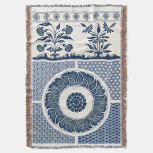 Antique Chinese Blue White Porcelain Pattern Throw Blanket