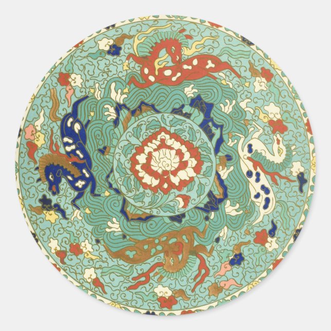 Antique Chinese Circle Blue Green Classic Round Sticker (Front)