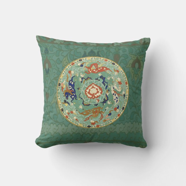 Antique Chinese Circle Blue Green Cushion (Front)