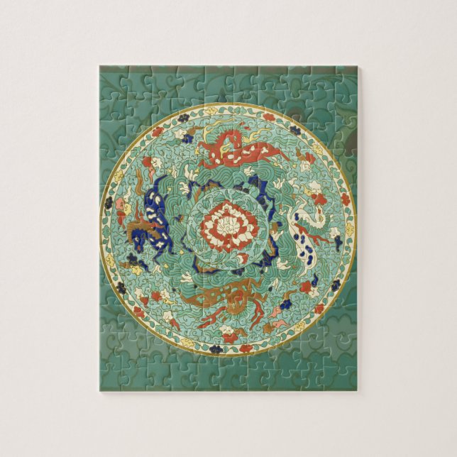 Antique Chinese Circle Blue Green Jigsaw Puzzle (Vertical)