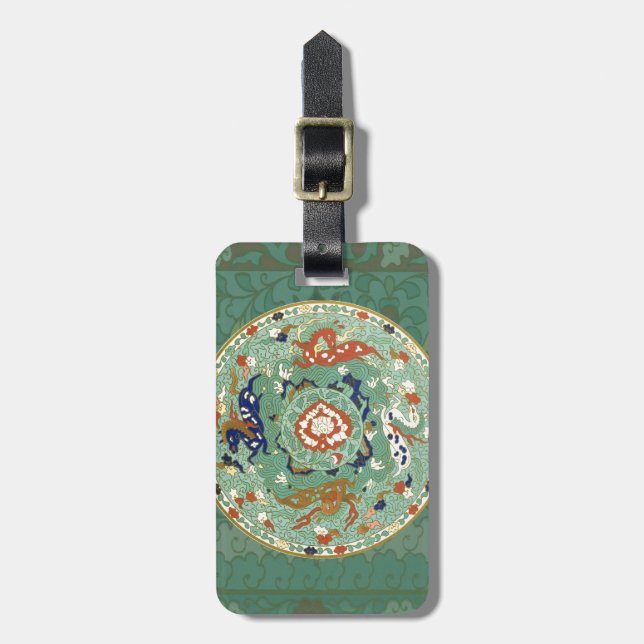 Antique Chinese Circle Blue Green Luggage Tag (Front Vertical)