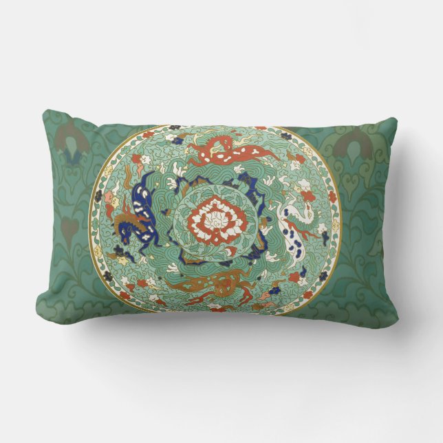 Antique Chinese Circle Blue Green Lumbar Cushion (Front)