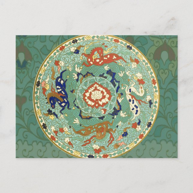 Antique Chinese Circle Blue Green Postcard (Front)