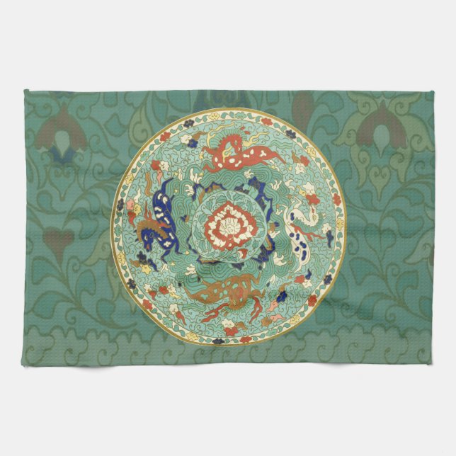 Antique Chinese Circle Blue Green Tea Towel (Horizontal)