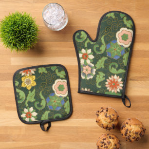 Antique Chinese Cloisonne Pattern: Jade Green Oven Mitt & Pot Holder Set