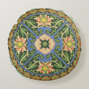 Antique Chinese Cloisonne Pattern: Jade Green Round Cushion