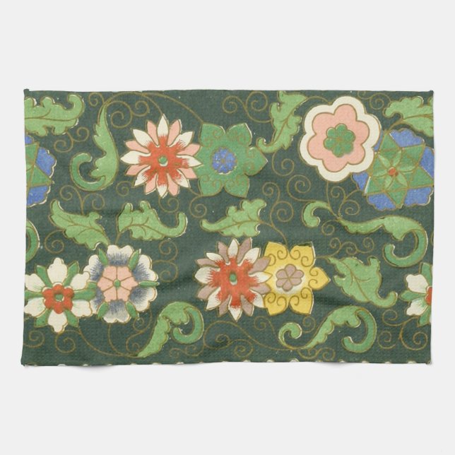 Antique Chinese Cloisonne Pattern: Jade Green Tea Towel (Horizontal)